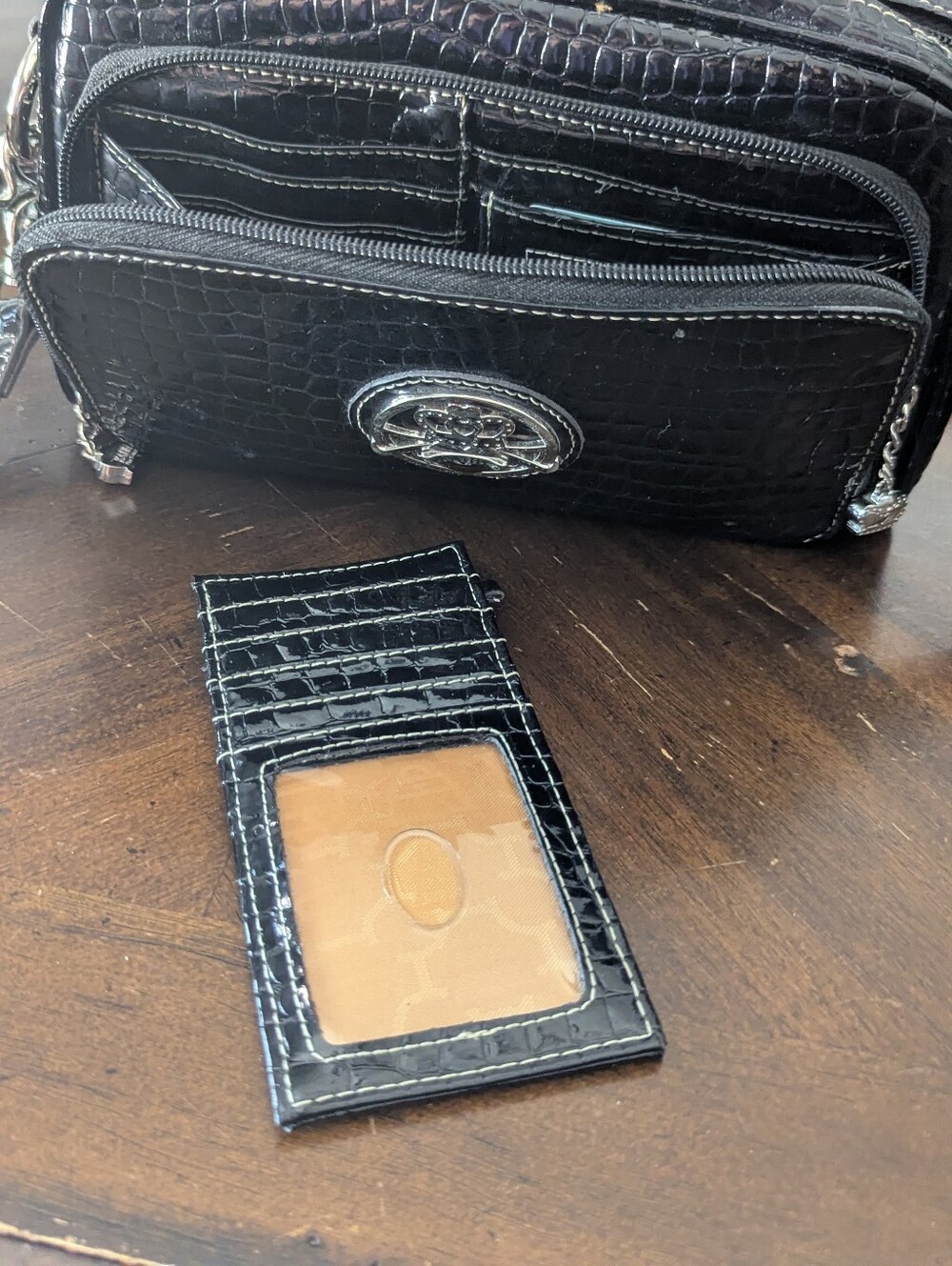 2000s Kathy Van Zeeland Black Faux Crocodile Crossbody Purse Orange/Gold Lining - Picture 14 of 14